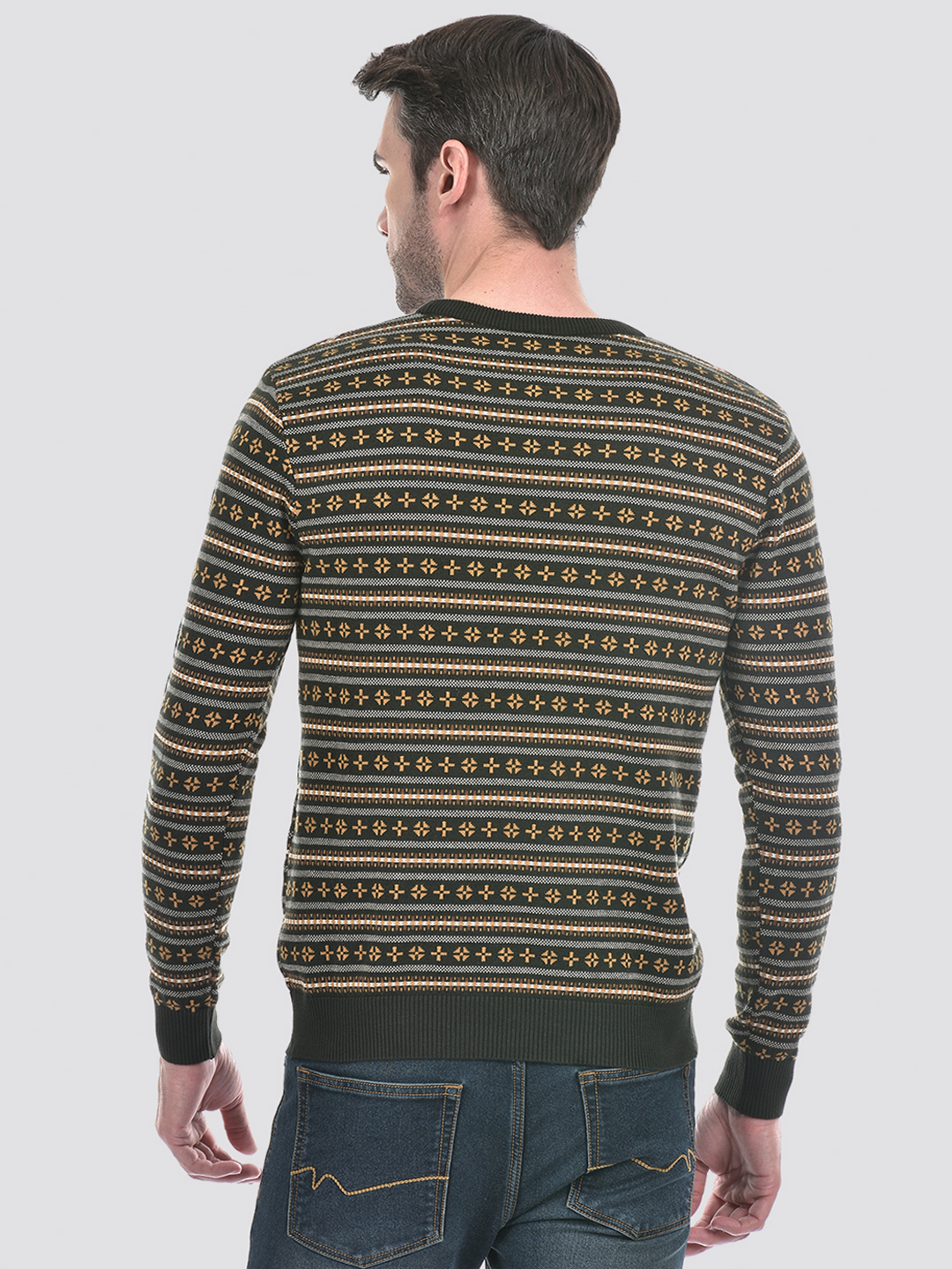 Numero Uno Men Green Striper Round Neck Flat Knitted Sweater